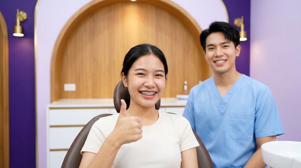 คนไข้จัดฟันยิ้มอย่างมั่นใจที่คลินิกจัดฟันในบ่อวิน