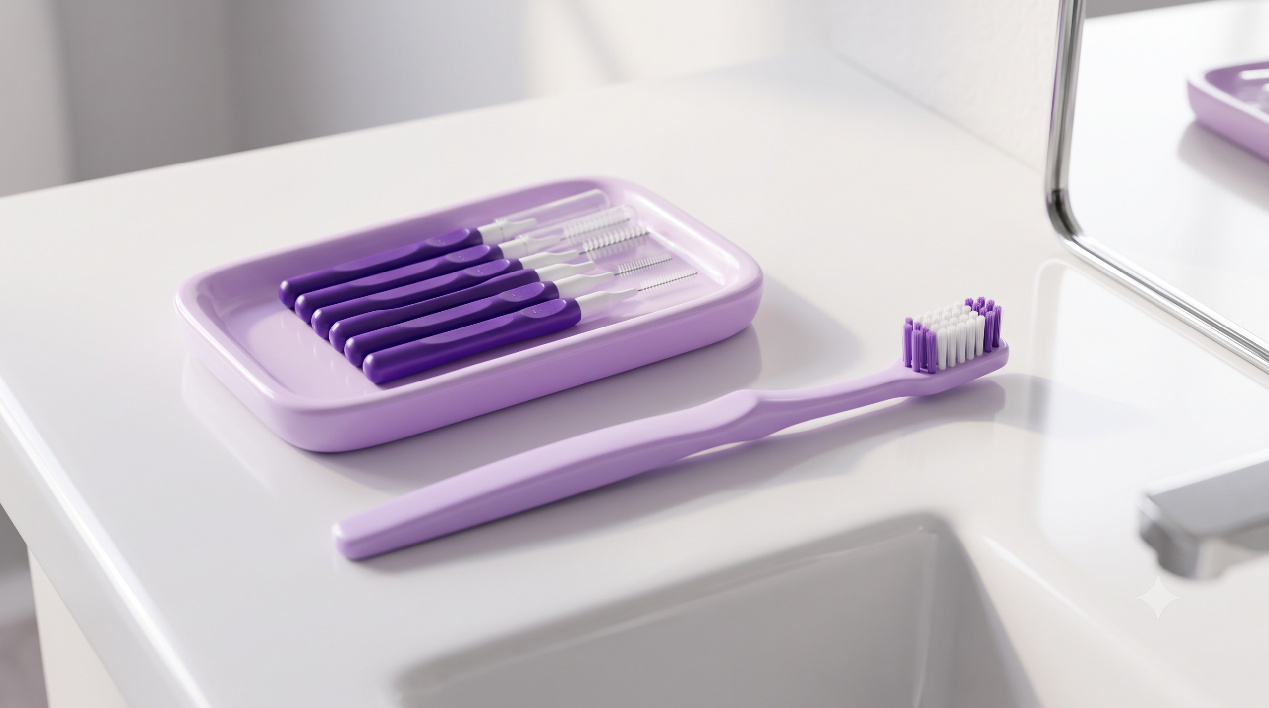 อุปกรณ์แปรงฟันสำหรับคนจัดฟันวางบนอ่างล้างหน้า