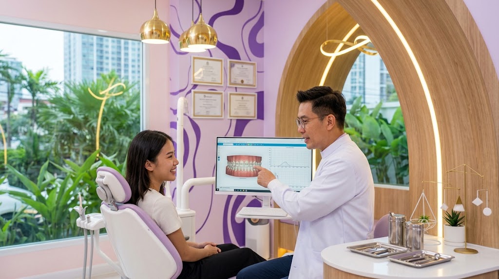 ทันตแพทย์จัดฟันเฉพาะทางให้คำปรึกษาที่คลินิกในบ่อวิน