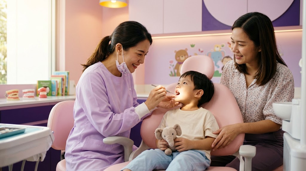ทันตแพทย์ตรวจฟันน้ำนมที่ผุของเด็ก